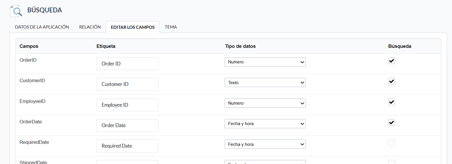 Listado de campos en el proceso de creación de la grid