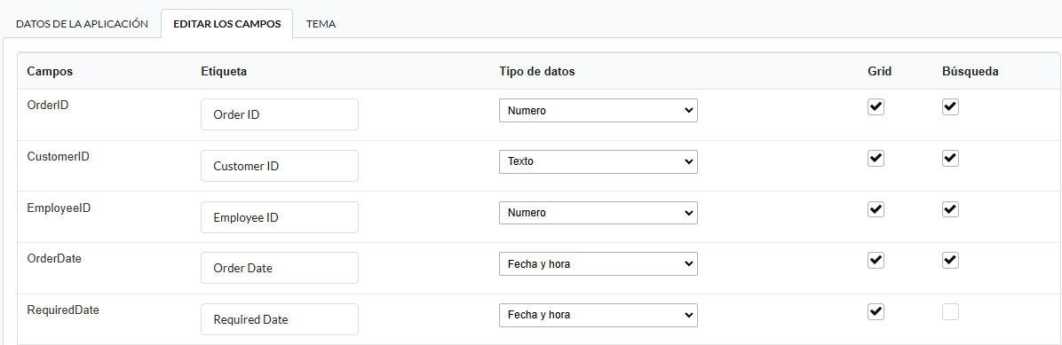 Listado de campos en el proceso de creación de la grid