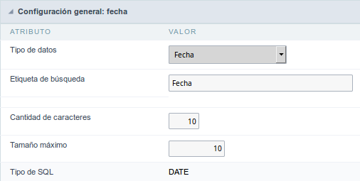 Date field Configuration Interface.