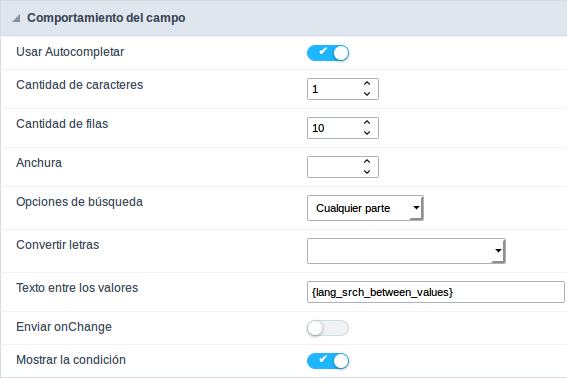 Interface de configuração do filtro do campo número.