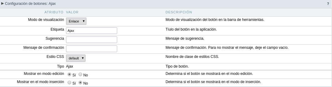 Setting up the Link Display mode for the Ajax button.