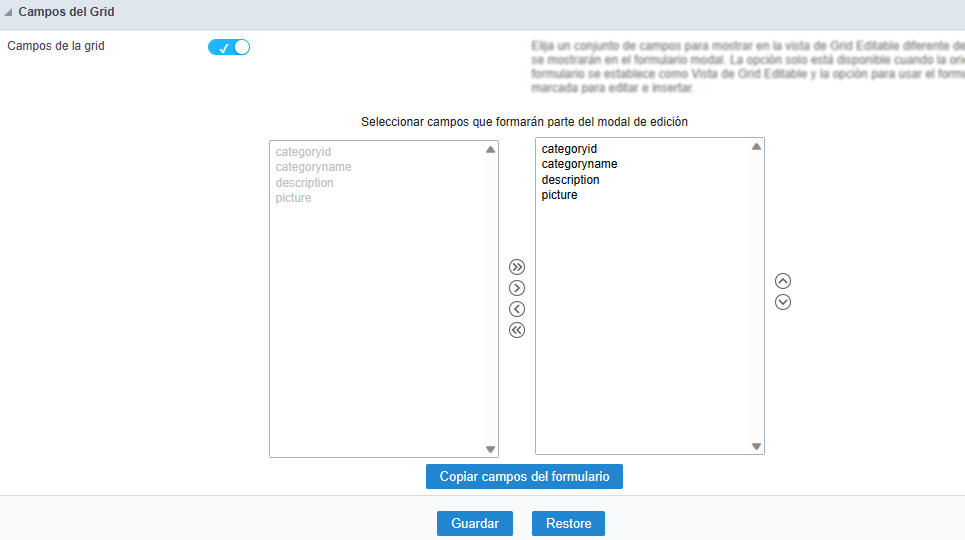 Configuración general del posicionamiento de los campos de consulta en el formulario de cuadrícula editable de vista