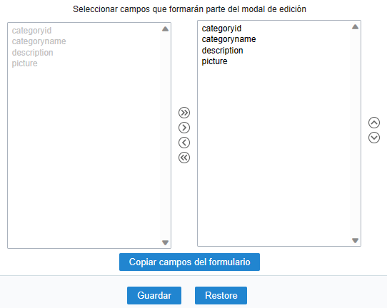 Configuración general del posicionamiento de los campos de consulta en el formulario de cuadrícula editable de vista