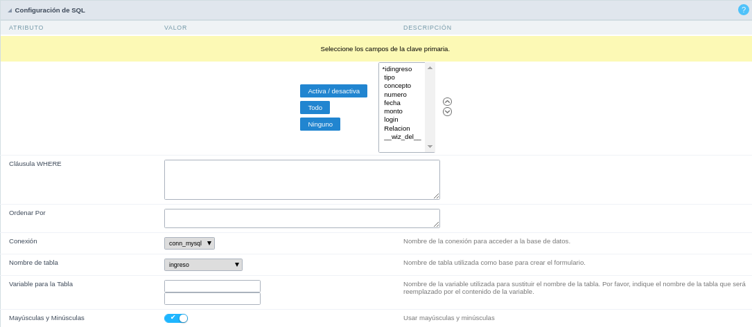 SQL configuration Interface.