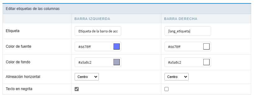 Pantalla de configuración de la etiqueta de la barra de acciones