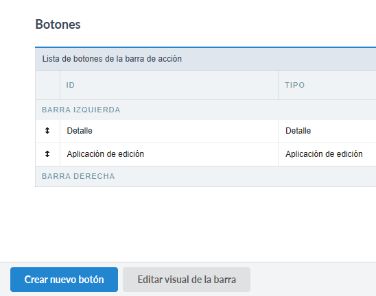 Lista de botones de la barra de acción