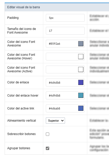 Configuraciones generales de dos botones de acción visuales