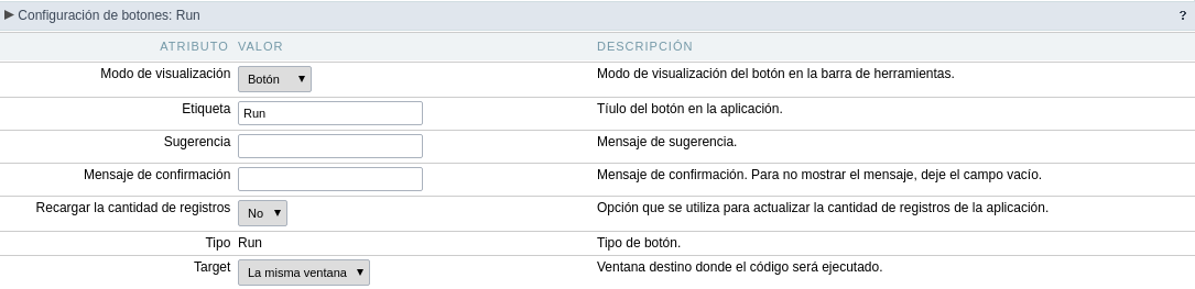 Grid's Run Button settings - Button type