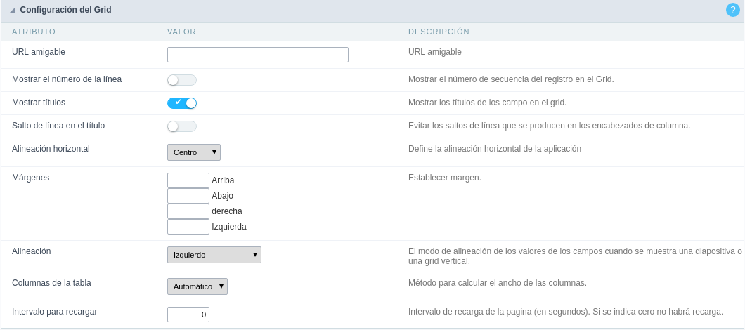 Grid application advanced settings