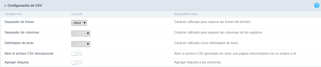 Configuração de exportação CSV da consulta