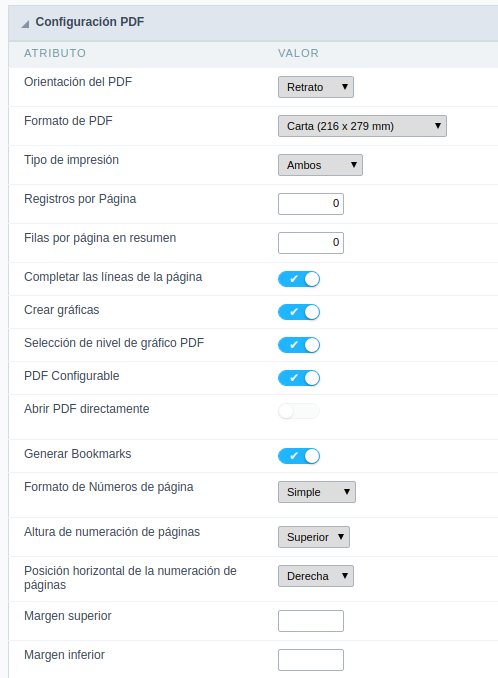 Configuração de exportação do PDF