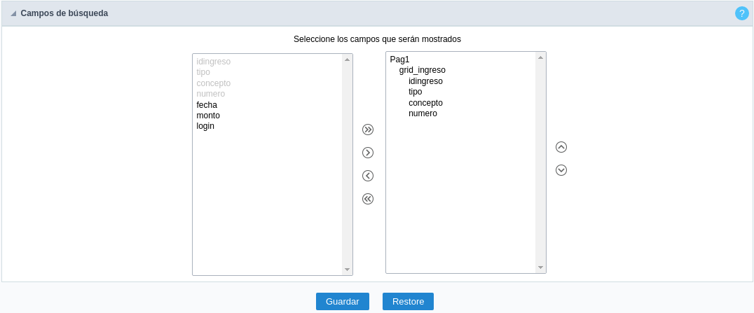 Interface for filter fields selection.