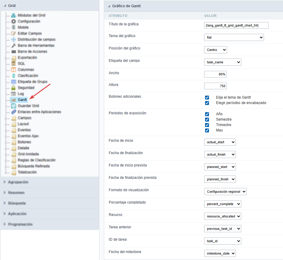 Configuración del gráfico de Gantt en la aplicación Grid
