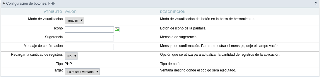 Setting up the Image Display mode for the PHP button.