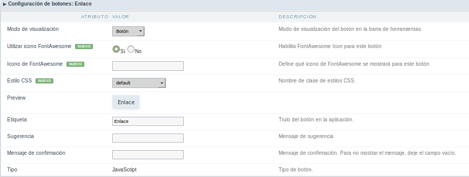 Setting up the Link Display mode for the javascript button.