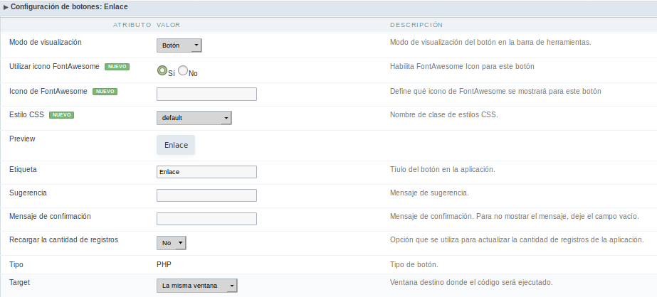 Setting up the Link Display mode for the PHP button.