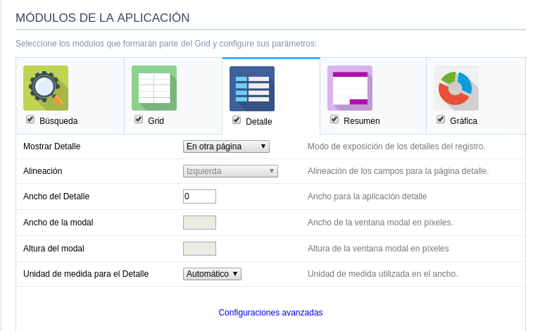 Configuración de las opciones detalle del Grid