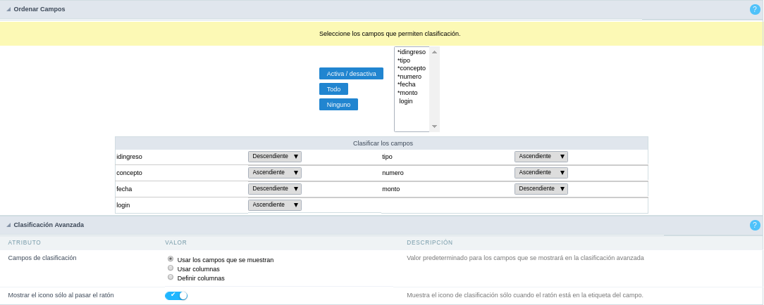 Configuración de los campos a ordenar