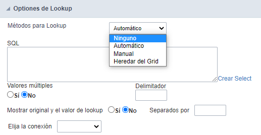 Opções do lookup dos campos na querba