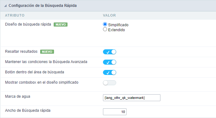 QuickSearch Configuration Interface.