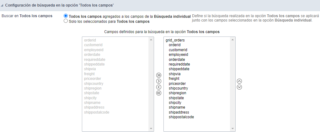 Interface de seleção dos campos do QuickSearch