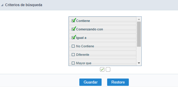 Interface de configuração dos criterios de pesquisa do QuickSearch.