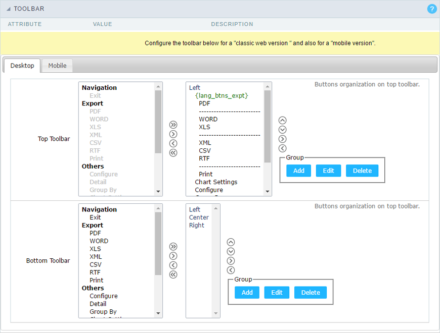 Summary settings Interface.