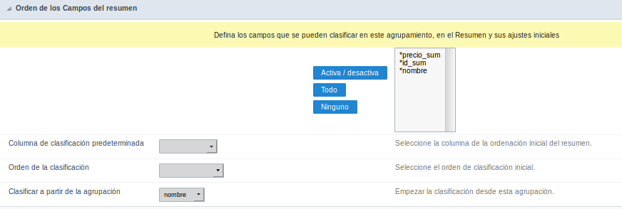 Sorting Summary Fields Interface.