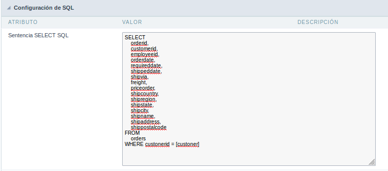 Configuración SQL de la Consulta que se utilizará como subconsulta mediante vinculación.