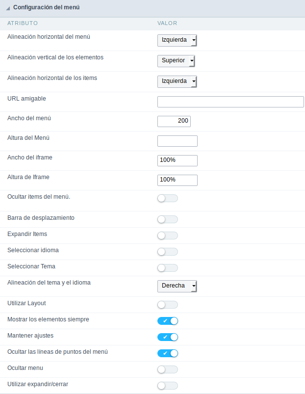 Menu configuration Interface.