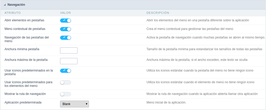 Menu Navigation configurations Interface.