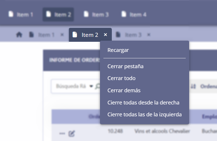 Aplicación con menú contextual de pestañas.