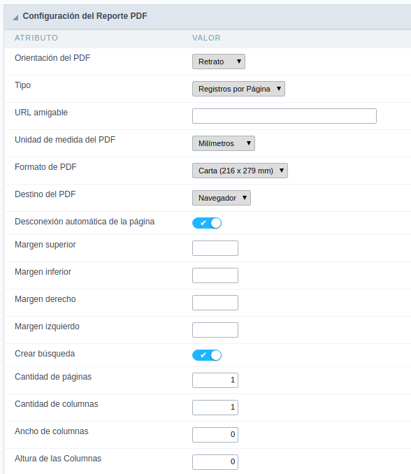 PDF Report Settings Interface.