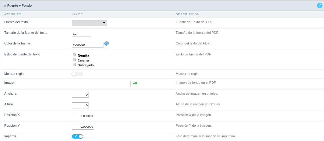 PDF Report visualization interface settings.