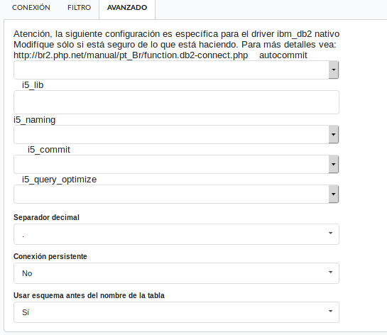 Configuración avanzada de conexión de base de datos 