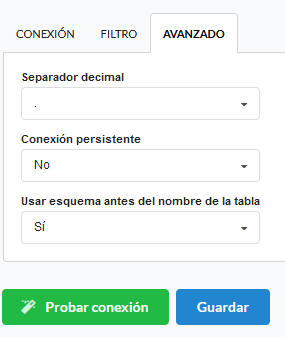 Configuración avanzada de conexión de base de datos