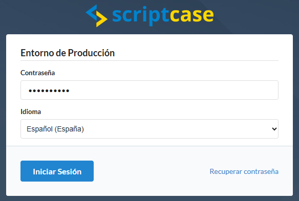 Primer acceso al entorno de producción. La contraseña predeterminada es "scriptcase"