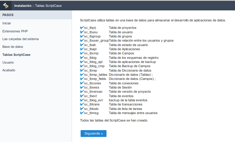 Displaying the creation of the ScriptCase tables