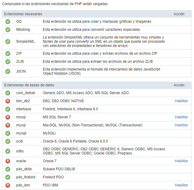 Verifying the necessary extensions for ScriptCase to work and the modules for the database connections.