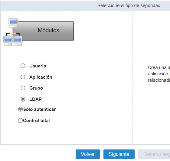 Pantalla de selección del módulo de seguridad por usuario