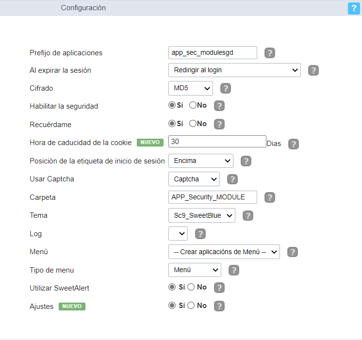 Pantalla de configuración general del módulo de seguridad