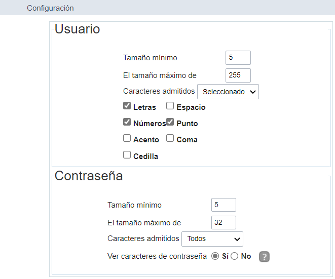 Pantalla de configuración general del módulo de seguridad