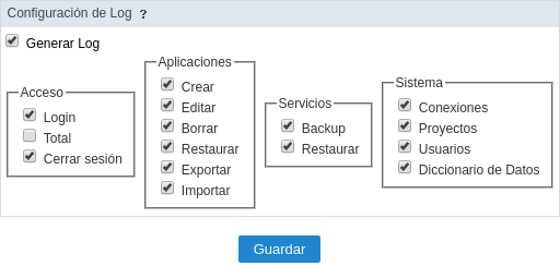  Log configuration screen