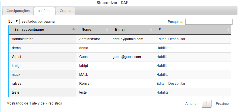 Lista de grupos e usuários do servidor LDAP