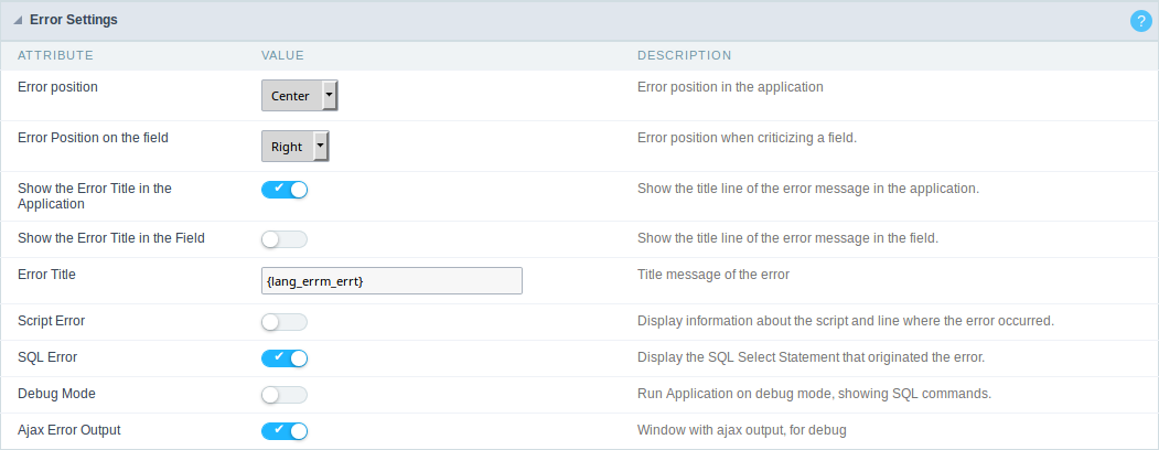 Error Settings Interface.