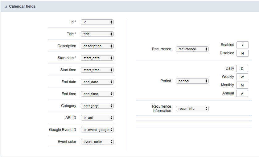 Calendar Fields Settings