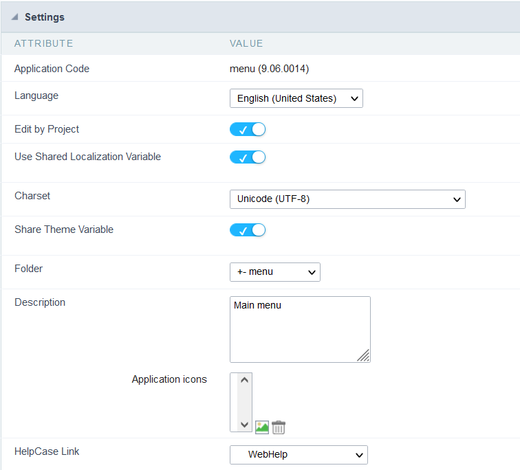 Menu settings interface, within the application menu .