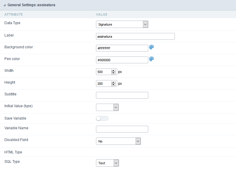 Configuration Interface of the Signature Field.