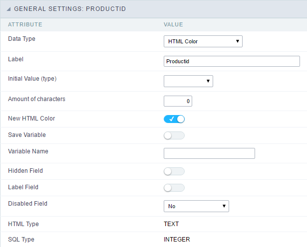 HTML Color field configuration Interface.