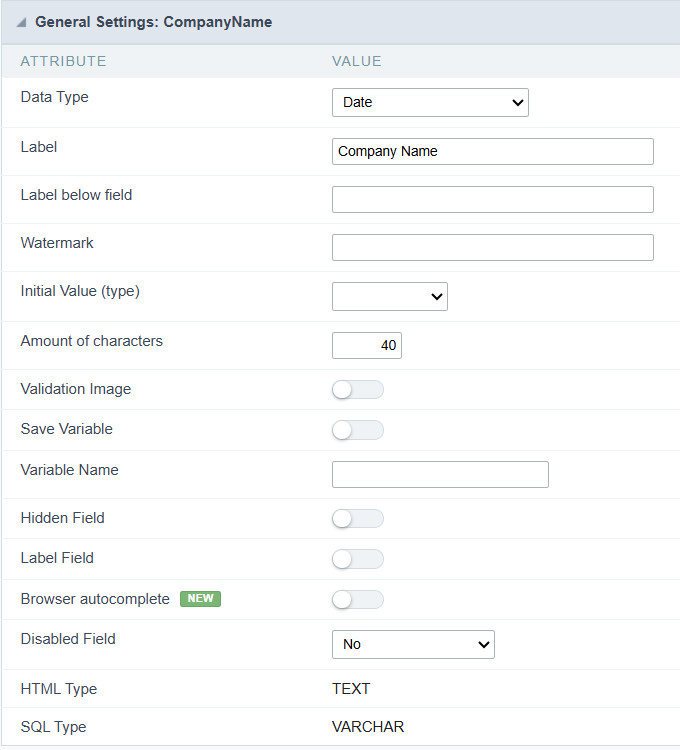 Date field configuration Interface.